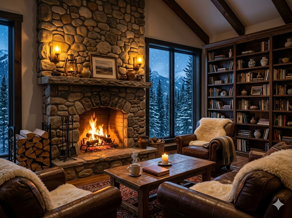 Detail of a wood-burning fireplace in a rustic suite with comfortable armchairs and warm ambient lighting