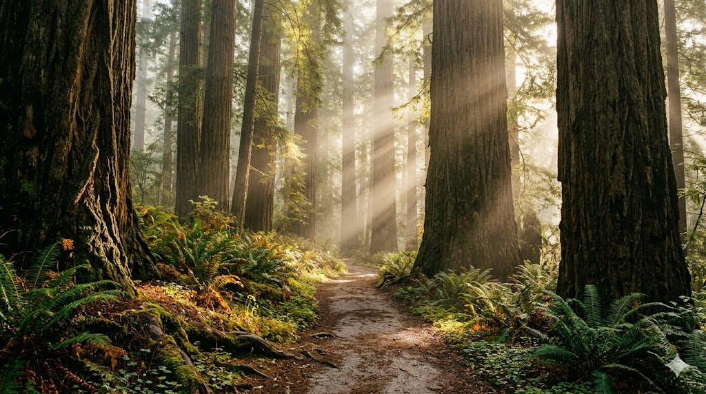 Sunlight streaming through ancient redwood canopy in Muir Woods