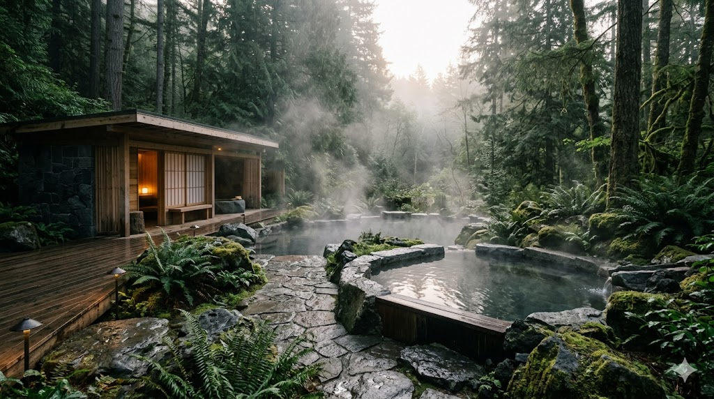 Luxury outdoor spa setting with a steaming stone bath surrounded by lush green ferns and misty forest