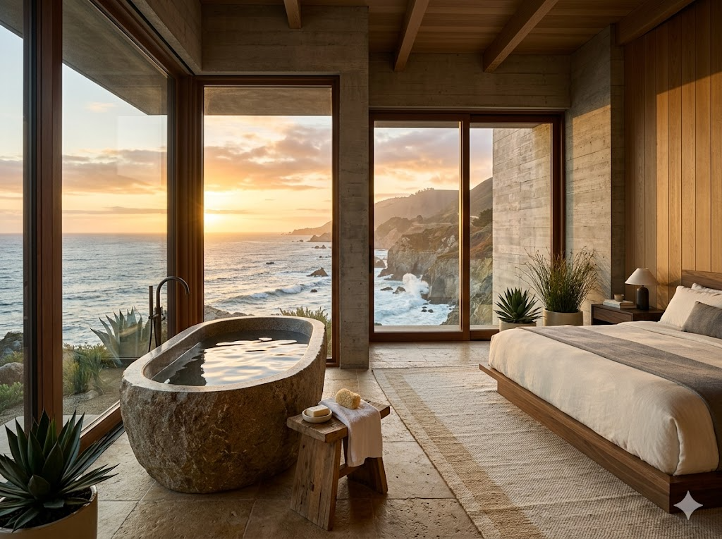 Spacious suite with floor-to-ceiling windows, mid-century modern furniture, and an en-suite stone soaking tub