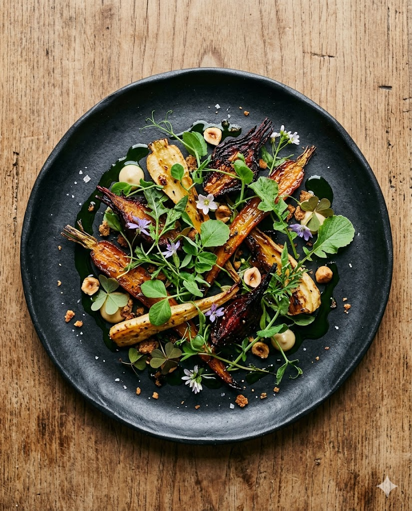 Artisanal plate of food featuring roasted vegetables and microgreens on a matte ceramic plate with professional plating
