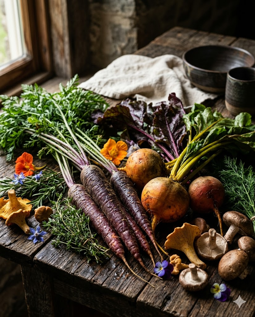 Close-up of vibrant organic vegetables on a rustic wooden table with soft side lighting and earthy tones